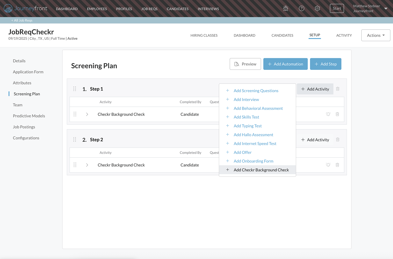 Journeyfront / Checkr Integration User Guide